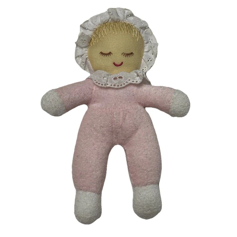 Tiny Treasures Terry Cloth Plush Baby Doll Pink Lace Vintage Rare Sleeping Girl